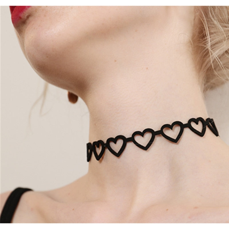 Black Leather Love Heart Choker Necklaces